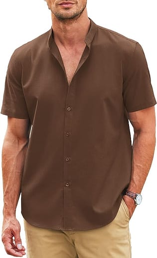 قميص كتان كاجوال بأكمام قصيرة وياقة شريطية 
قمصان صيفية رجالية